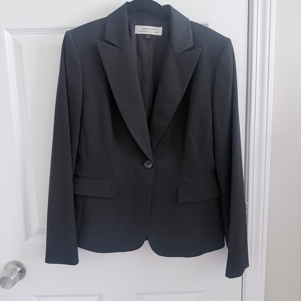 Tahari Arthur S Levine Blazer Women 6 Charcoal Gray Single Button Professional